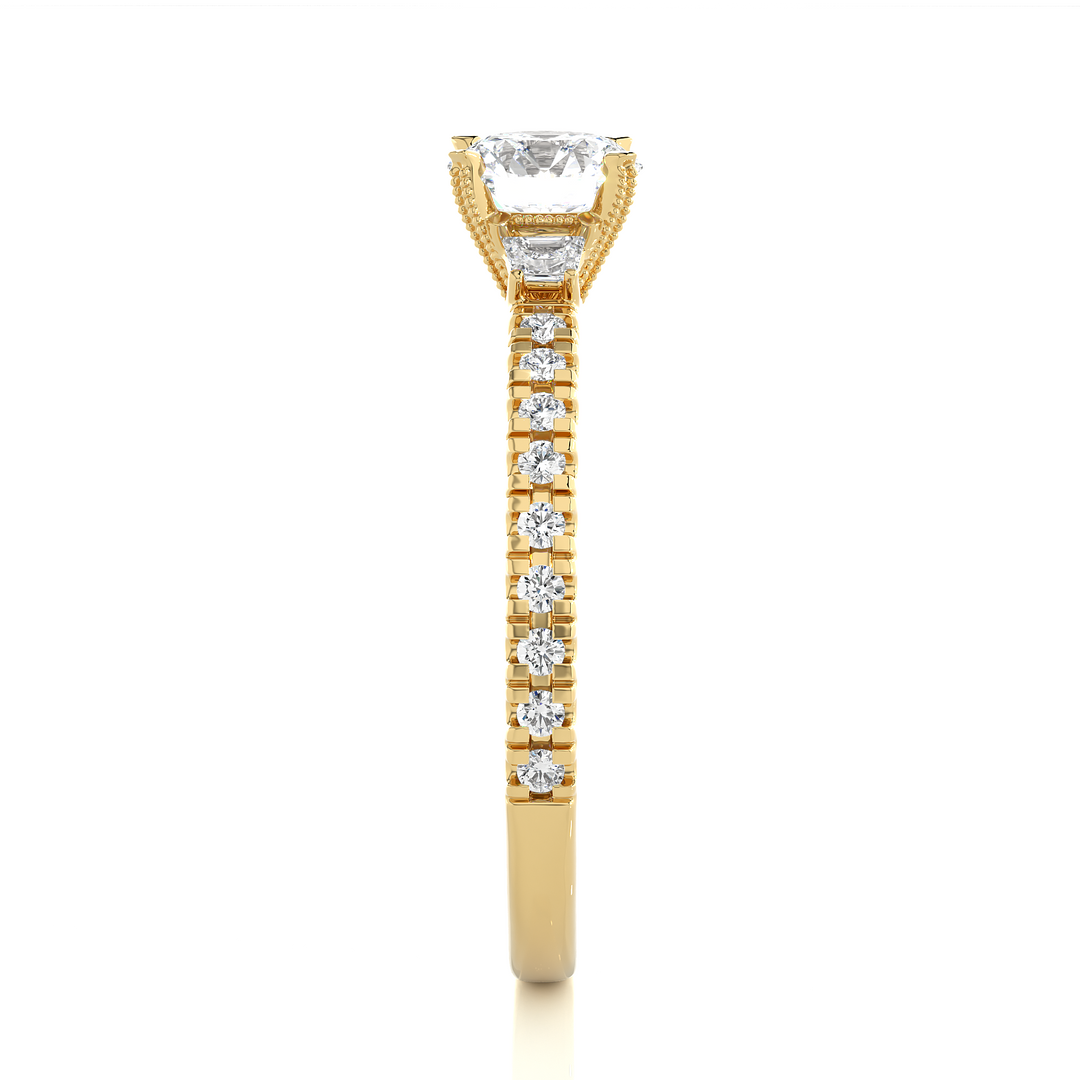 0.97 CT Round Center with Baguette & Round Side Lab Grown Diamond Three Stone Ring | 21 Stone Gold Band