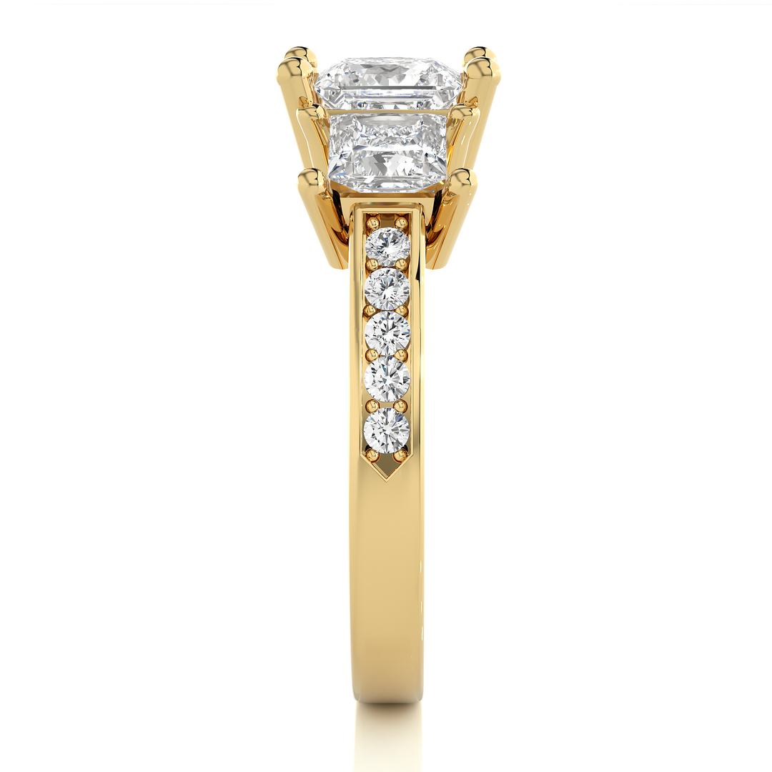 2.19 CT Princess Cut Three Stone Lab Grown Diamond Ring with Round Side Stones | 13 Stone Gold Band