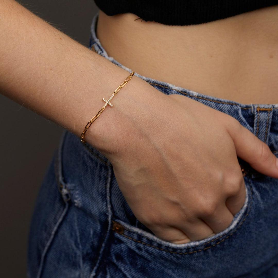 Lab-Grown Diamond Cross Bracelet | Paperclip Chain | Dainty Religious Jewelry for Women
