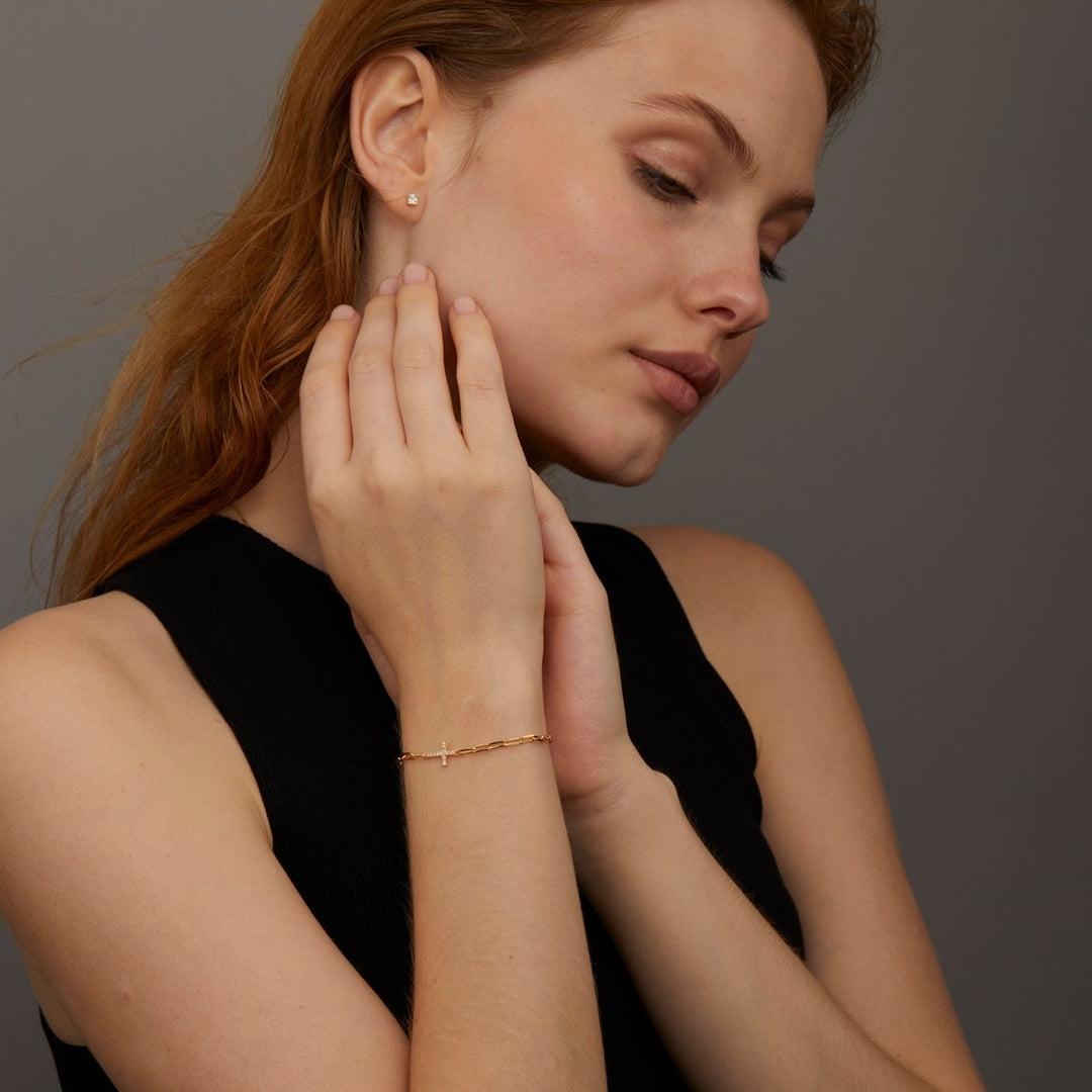 Lab-Grown Diamond Cross Bracelet | Paperclip Chain | Dainty Religious Jewelry for Women