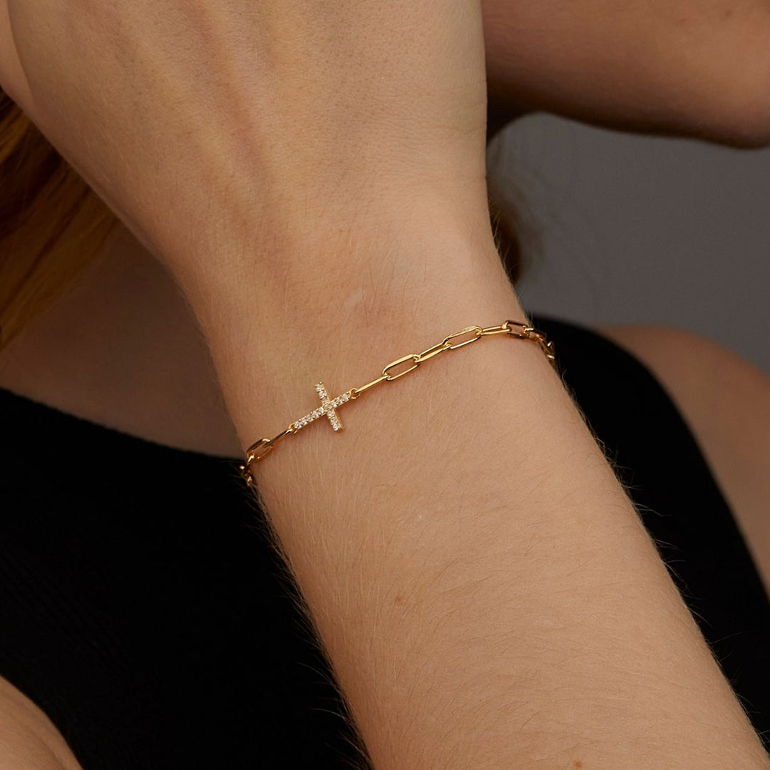 Lab-Grown Diamond Cross Bracelet | Paperclip Chain | Dainty Religious Jewelry for Women