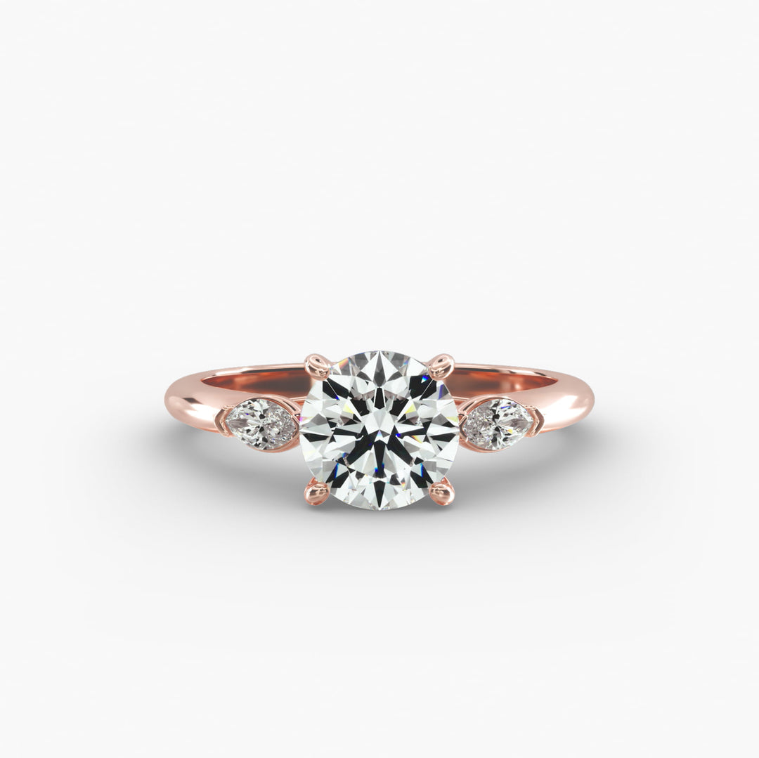 14K Gold Round With Marquise Shape Three Stone Ring