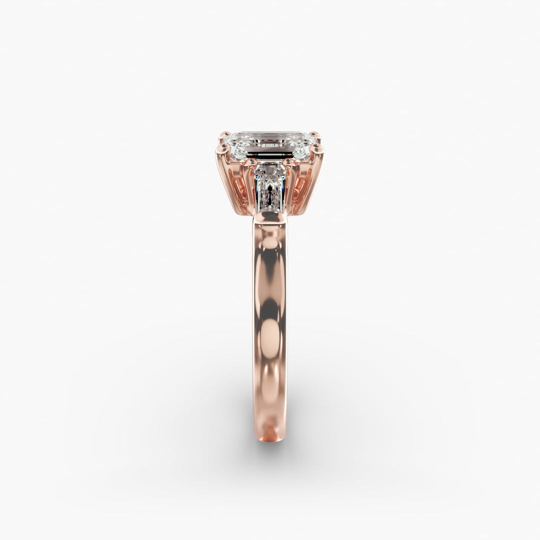 18K Gold Emerald And Baguette Three Stone Diamond Engagement Ring