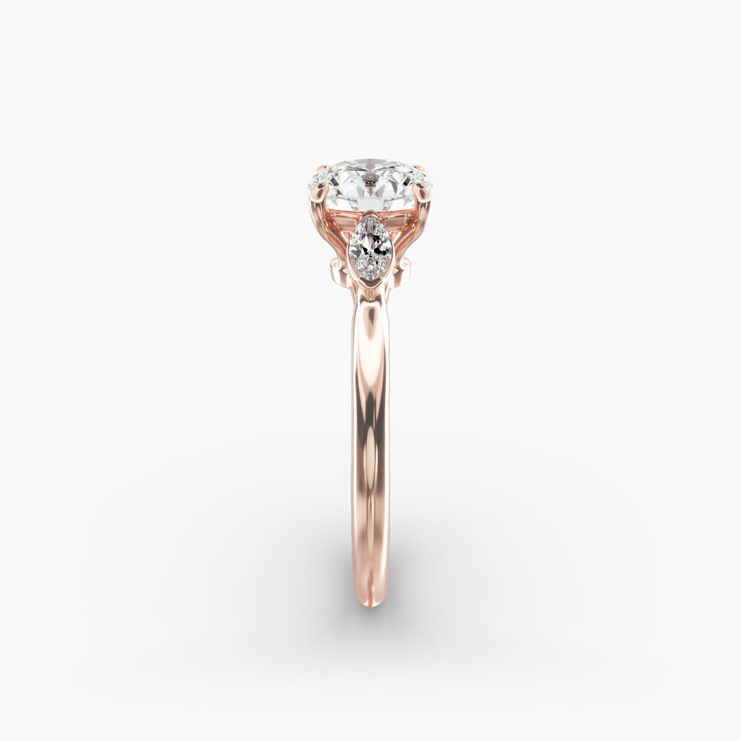 14K Gold Round With Marquise Shape Three Stone Ring