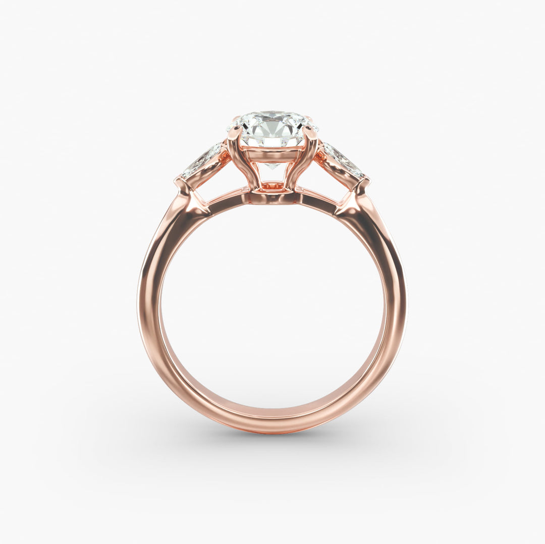 14K Gold Round With Marquise Shape Three Stone Ring