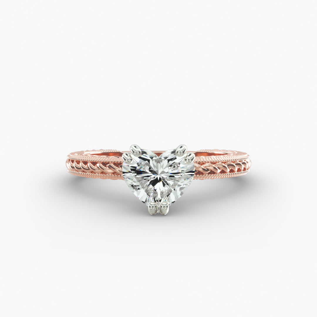 Heart Lab-Grown Diamond Ring – Rope Band with Milgrain | IGI Certified | 10K/14K/18K Gold