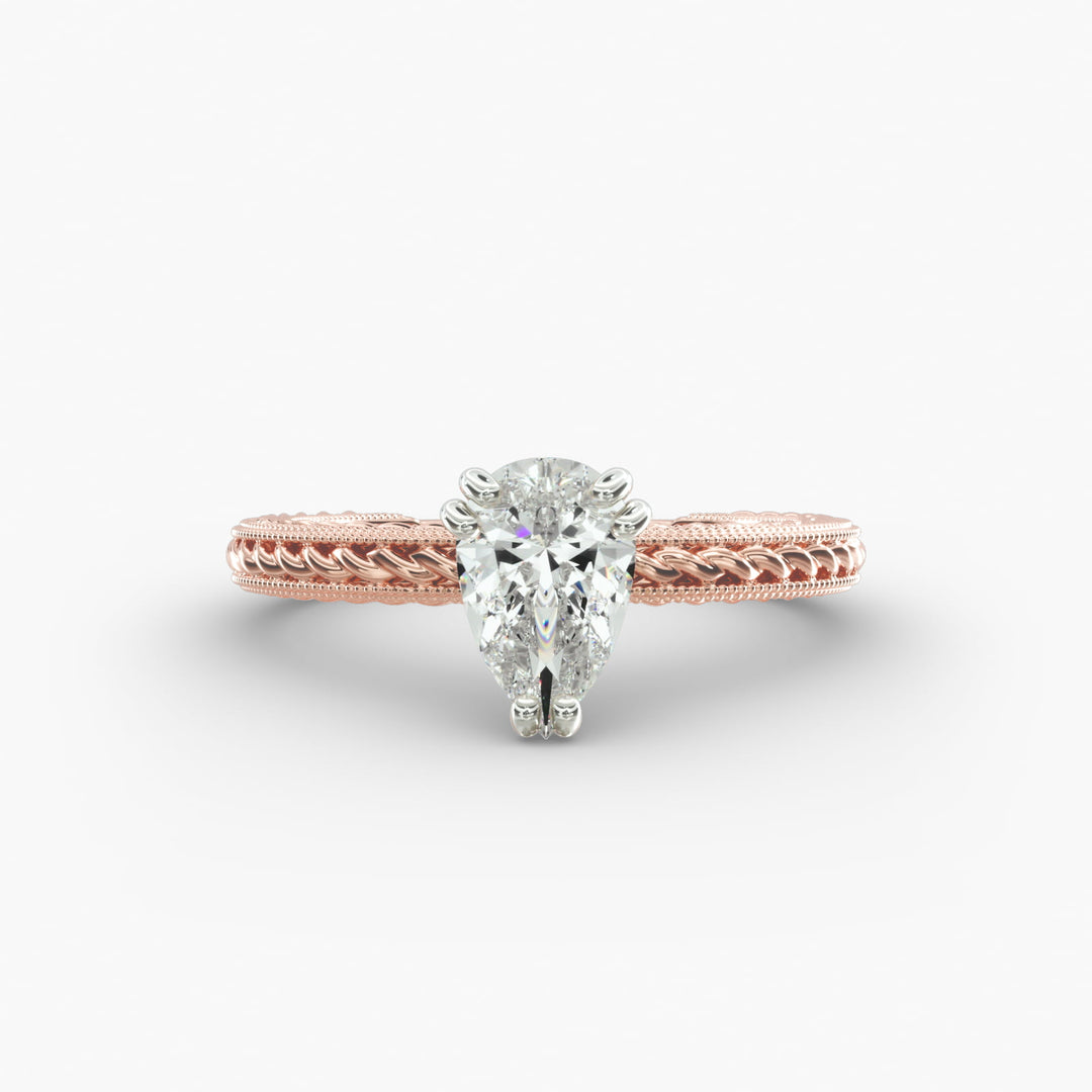 Pear Shape Lab-Grown Diamond Ring — 6-Prong Rope Band with Milgrain | IGI Certified | 10K/14K/18K Gold