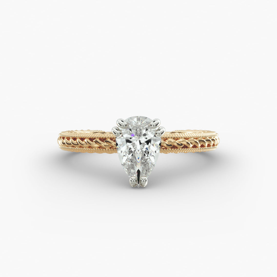 Pear Shape Lab-Grown Diamond Ring — 6-Prong Rope Band with Milgrain | IGI Certified | 10K/14K/18K Gold