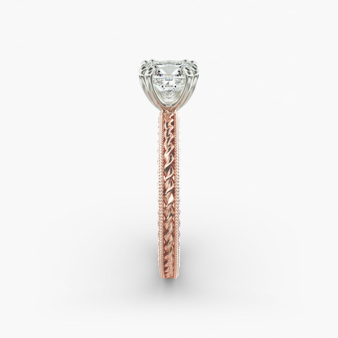 Princess Cut Eight Prong Milgrain Rope Style Lab-Grown Diamond Ring | 0.50–5.00 Carat | IGI Certified | Yellow, White, Rose Gold