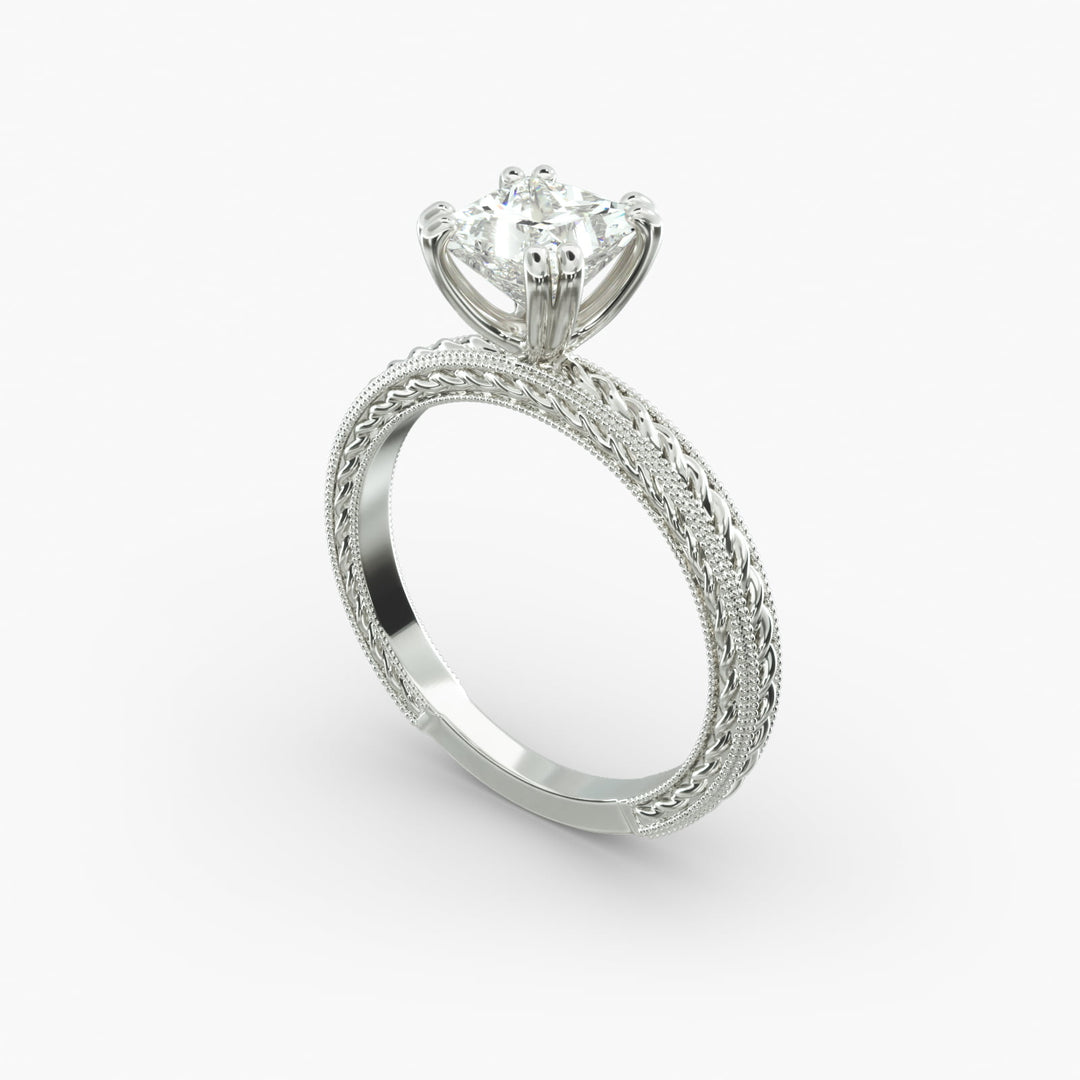 Princess Cut Eight Prong Milgrain Rope Style Lab-Grown Diamond Ring | 0.50–5.00 Carat | IGI Certified | Yellow, White, Rose Gold