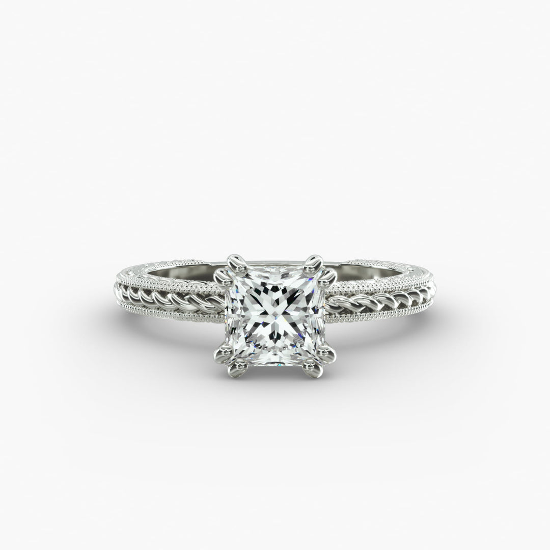 Princess Cut Eight Prong Milgrain Rope Style Lab-Grown Diamond Ring | 0.50–5.00 Carat | IGI Certified | Yellow, White, Rose Gold