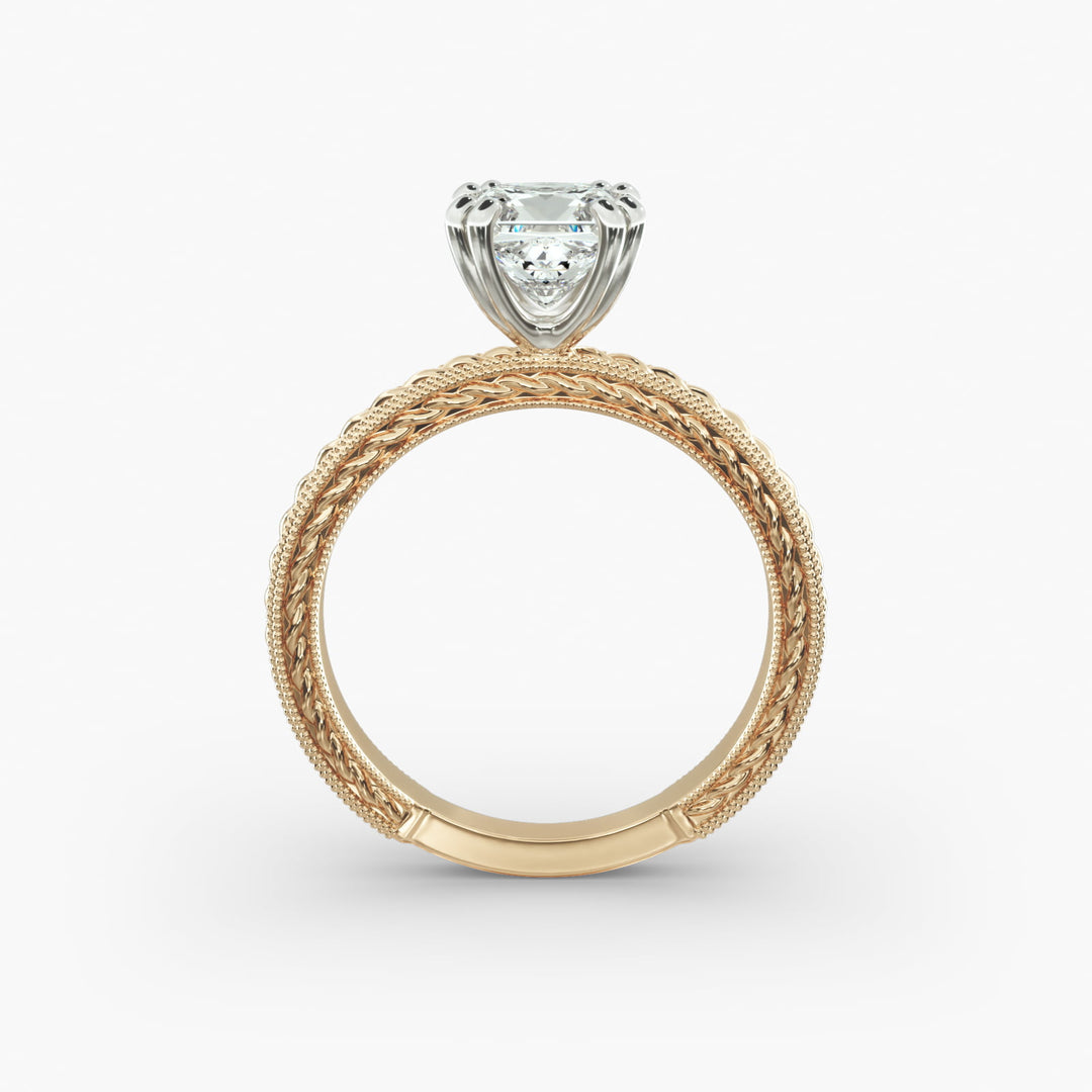 Princess Cut Eight Prong Milgrain Rope Style Lab-Grown Diamond Ring | 0.50–5.00 Carat | IGI Certified | Yellow, White, Rose Gold