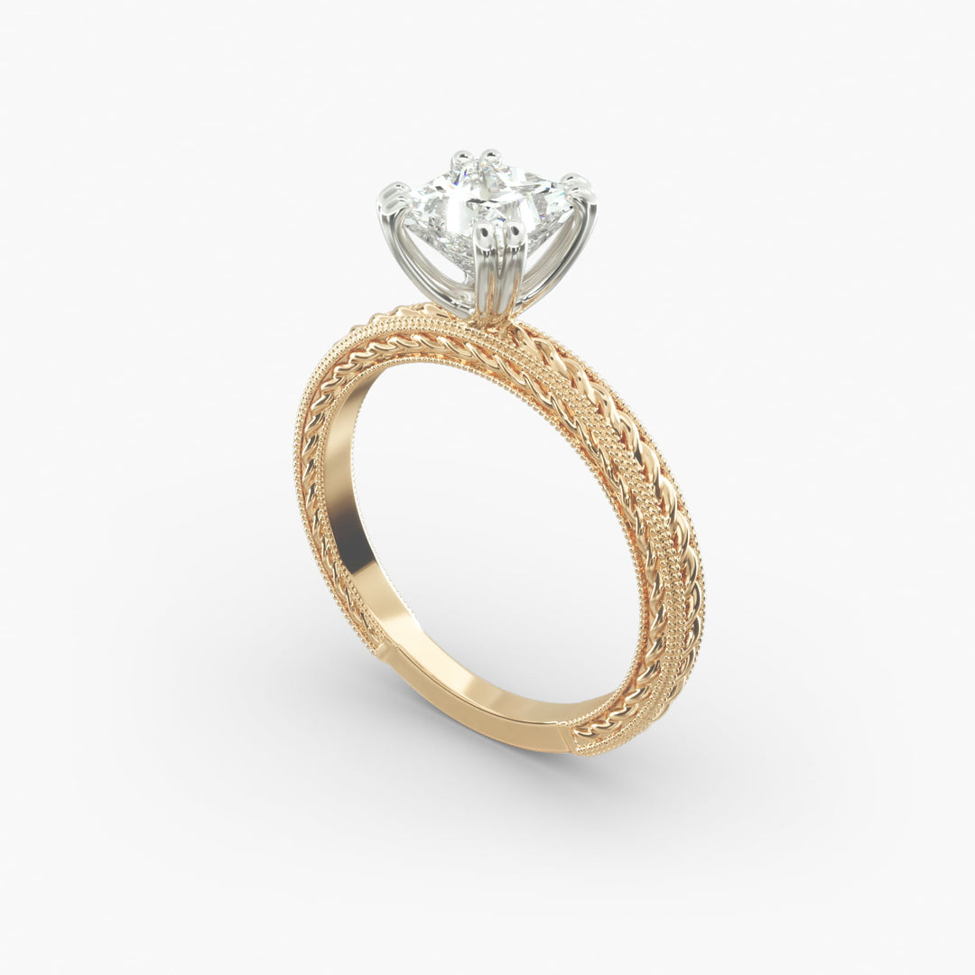 Princess Cut Eight Prong Milgrain Rope Style Lab-Grown Diamond Ring | 0.50–5.00 Carat | IGI Certified | Yellow, White, Rose Gold