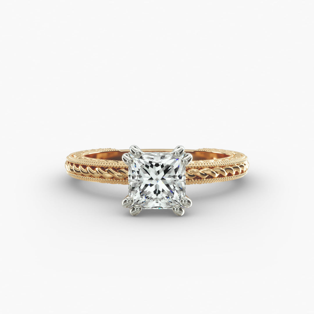 Princess Cut Eight Prong Milgrain Rope Style Lab-Grown Diamond Ring | 0.50–5.00 Carat | IGI Certified | Yellow, White, Rose Gold
