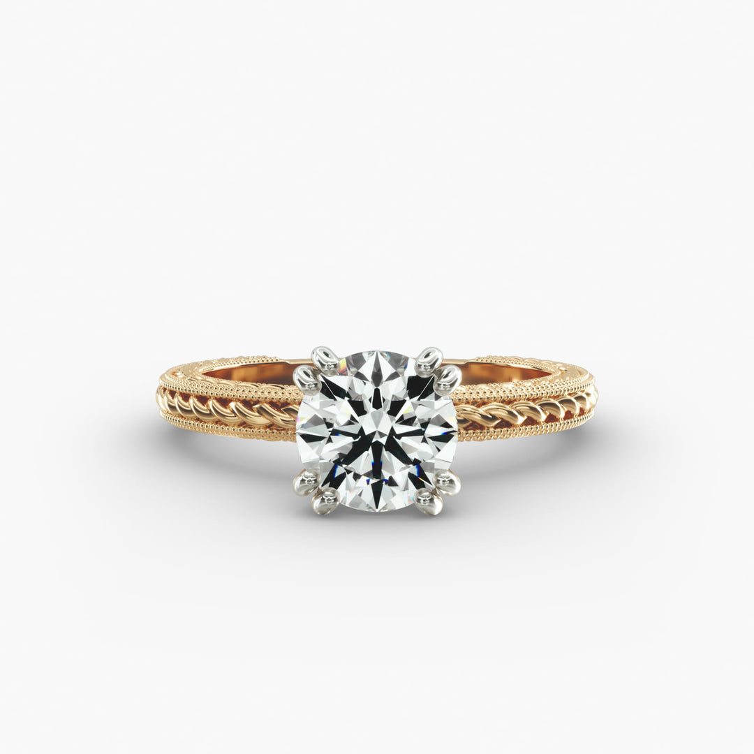 Round Brilliant Lab-Grown Diamond — Milgrain Rope/Cable Band | IGI Certified | 10K/14K/18K Gold