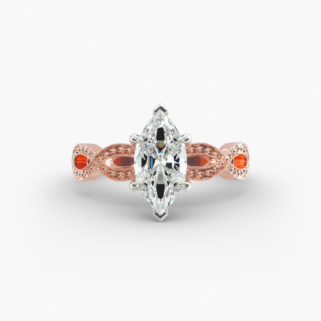 Marquise Lab-Grown Diamond Ring – Twisted Milgrain Band | IGI Certified | 10K/14K/18K Gold
