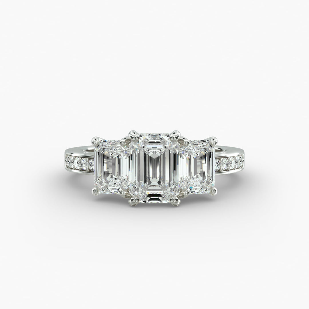 18K Gold Emerald And Round Shape Three Stone Engagement Ring