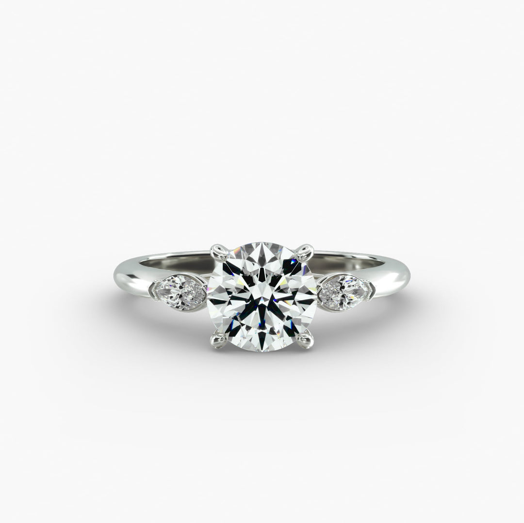 14K Gold Round With Marquise Shape Three Stone Ring