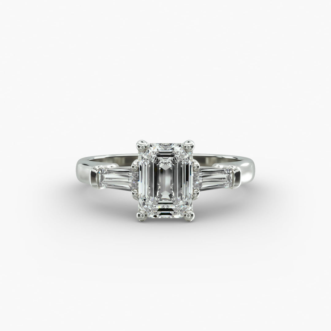 18K Gold Emerald And Baguette Three Stone Diamond Engagement Ring