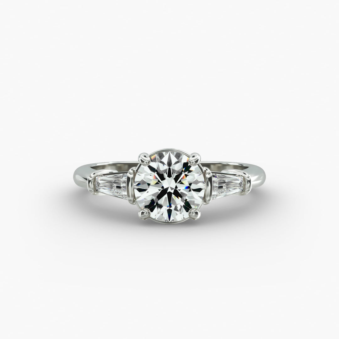 10K Gold Round With Tapered Baguette Diamond Engagement Ring