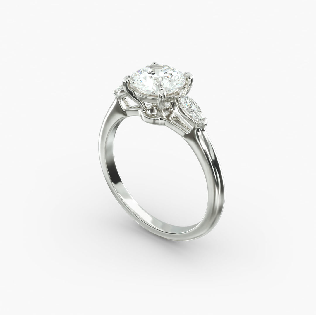 14K Gold Round With Marquise Shape Three Stone Ring