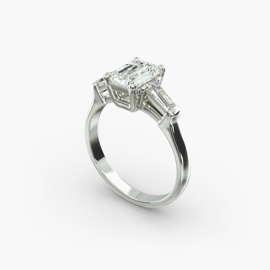 18K Gold Emerald And Baguette Three Stone Diamond Engagement Ring