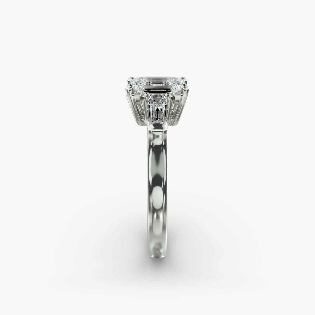 18K Gold Emerald And Baguette Three Stone Diamond Engagement Ring