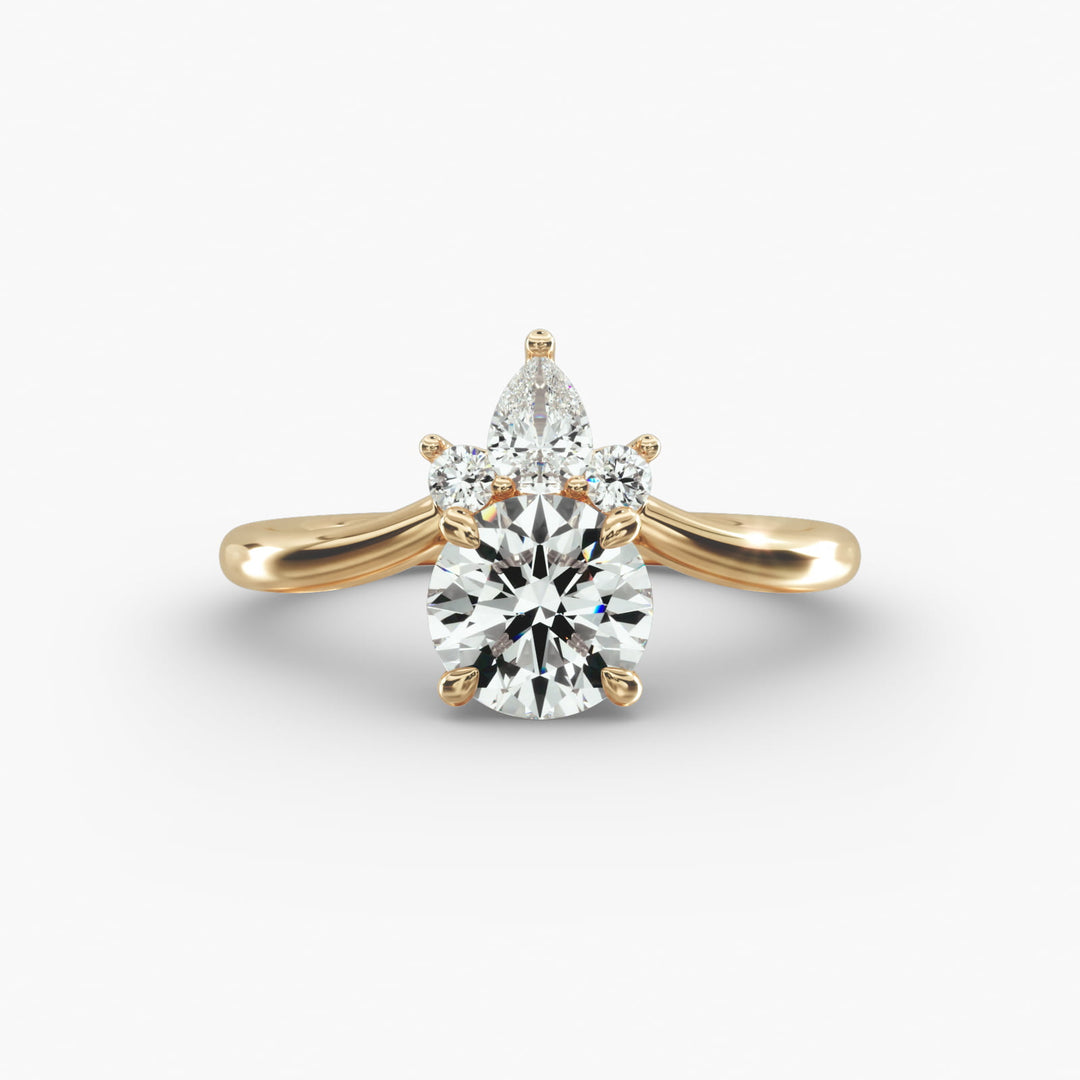14K Gold Round And Pear Three Stone Curved Diamond Ring