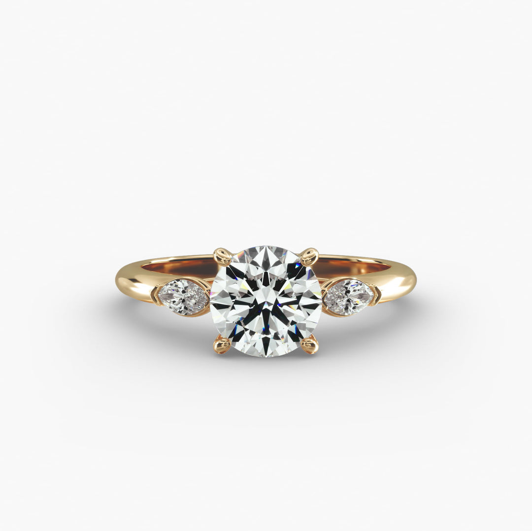 14K Gold Round With Marquise Shape Three Stone Ring