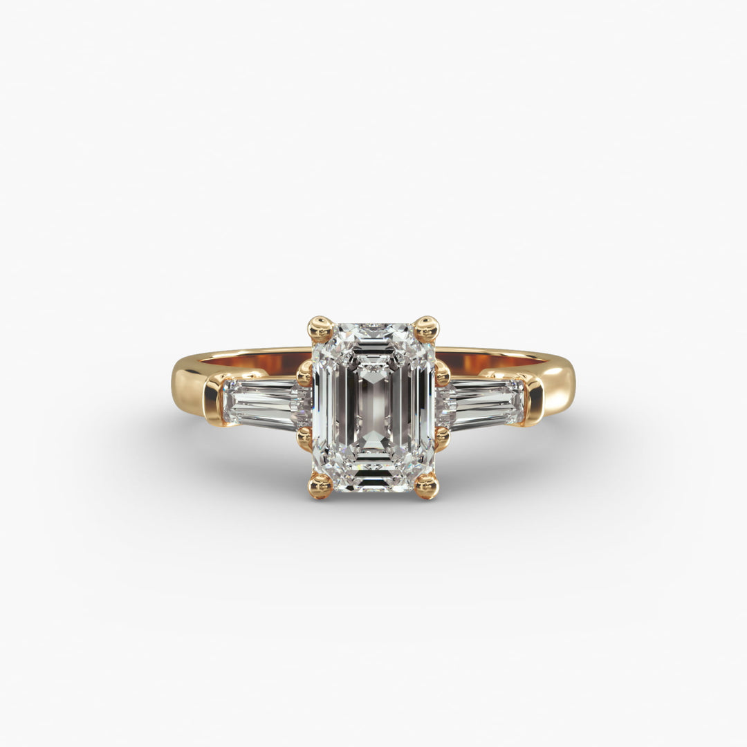18K Gold Emerald And Baguette Three Stone Diamond Engagement Ring