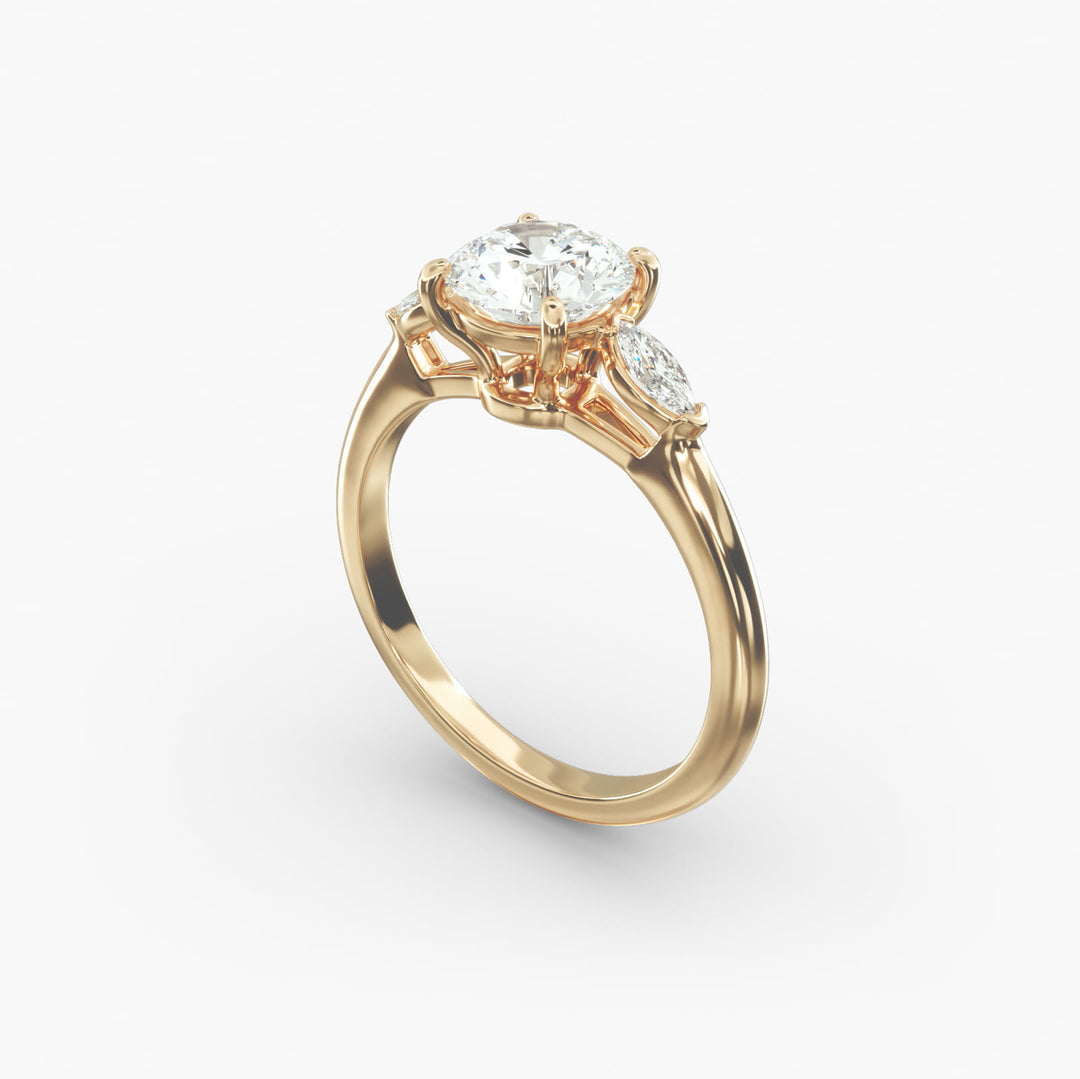 14K Gold Round With Marquise Shape Three Stone Ring