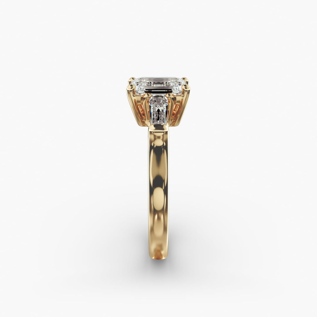 18K Gold Emerald And Baguette Three Stone Diamond Engagement Ring