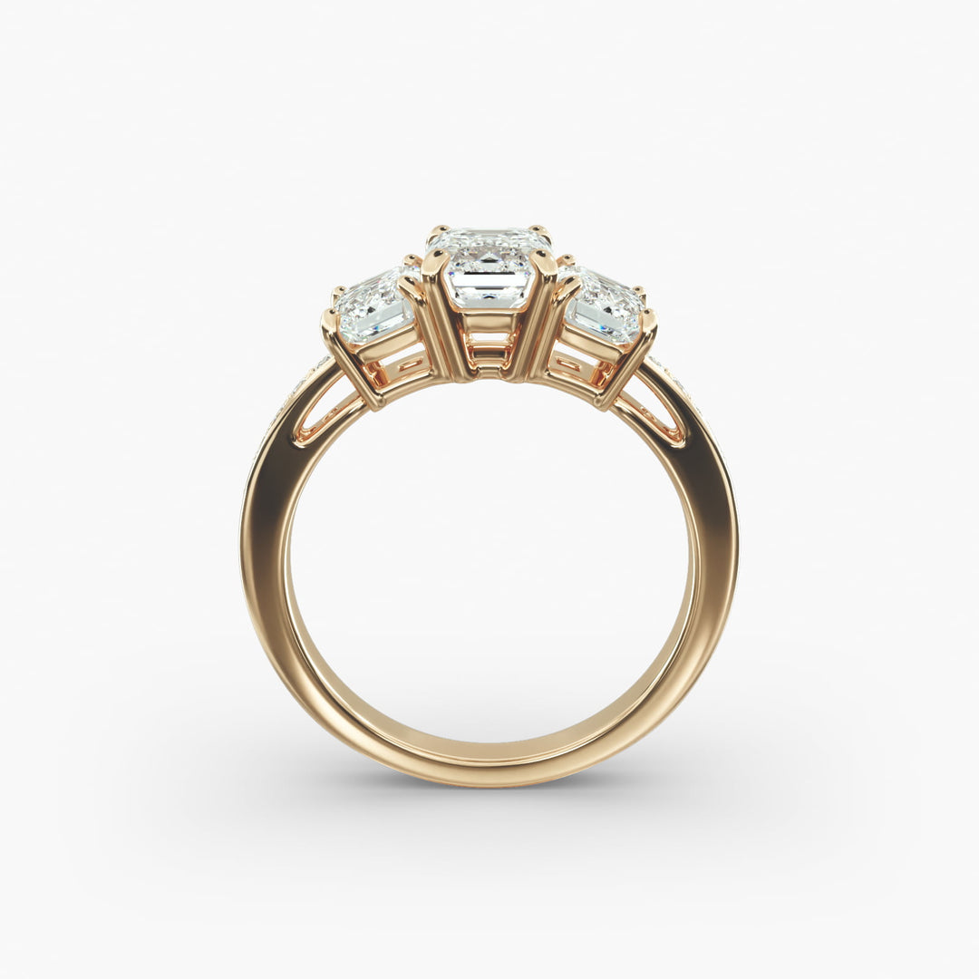 18K Gold Emerald And Round Shape Three Stone Engagement Ring
