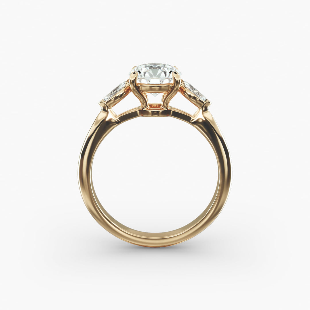 14K Gold Round With Marquise Shape Three Stone Ring