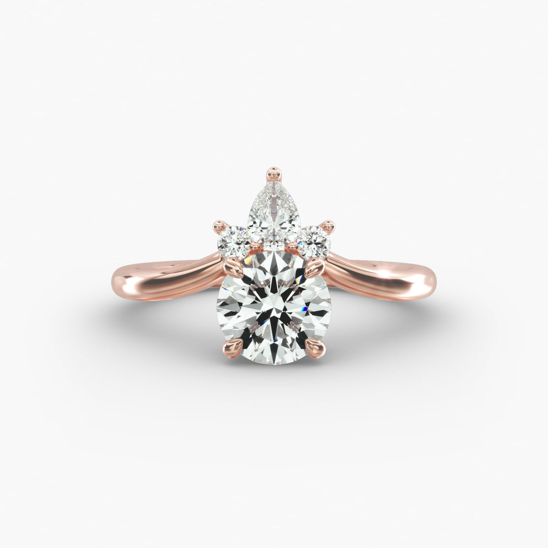 14K Gold Round And Pear Three Stone Curved Diamond Ring