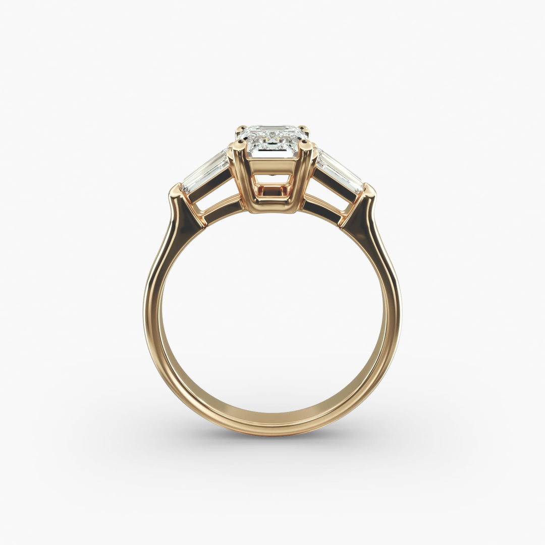 18K Gold Emerald And Baguette Three Stone Diamond Engagement Ring