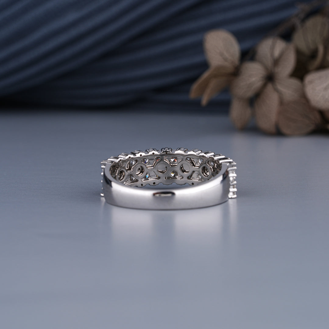 18K White Gold Two Row Lab Diamond Half Eternity Wedding Band Ring