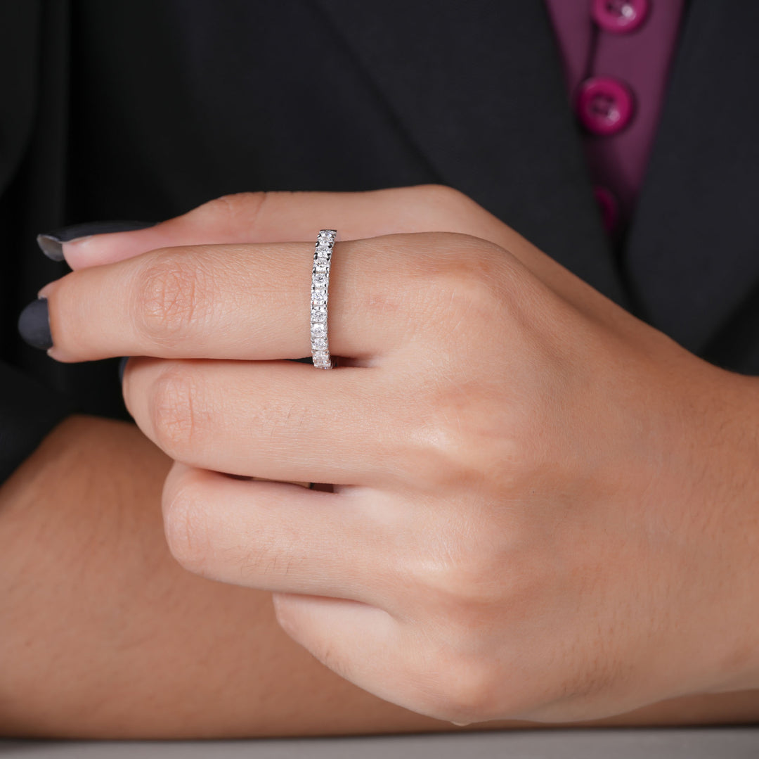 18K White Gold Round Cut Diamond French Pave Half Eternity Ring