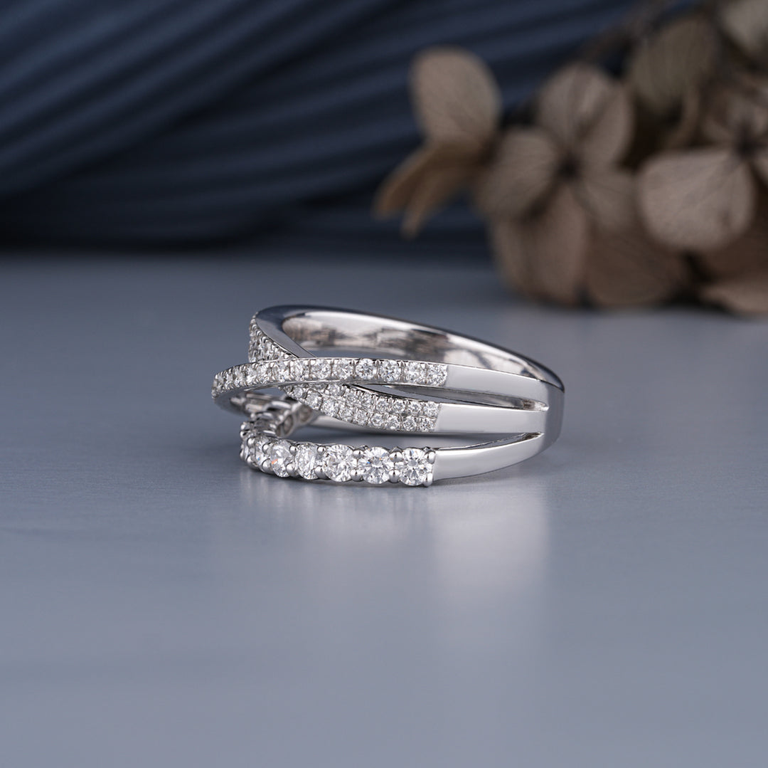 14K White Gold Round Cut Diamond Three Row Half Eternity Wedding Band Ring