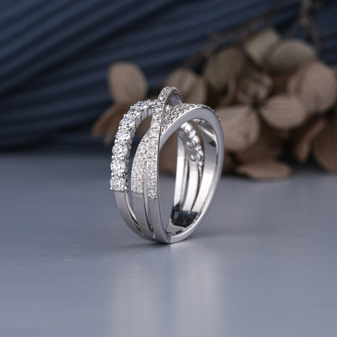 14K White Gold Round Cut Diamond Three Row Half Eternity Wedding Band Ring