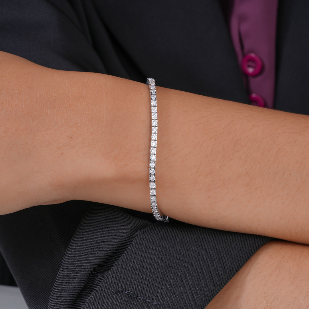 18K White Gold Round Cut Diamond Square Tennis Bracelet