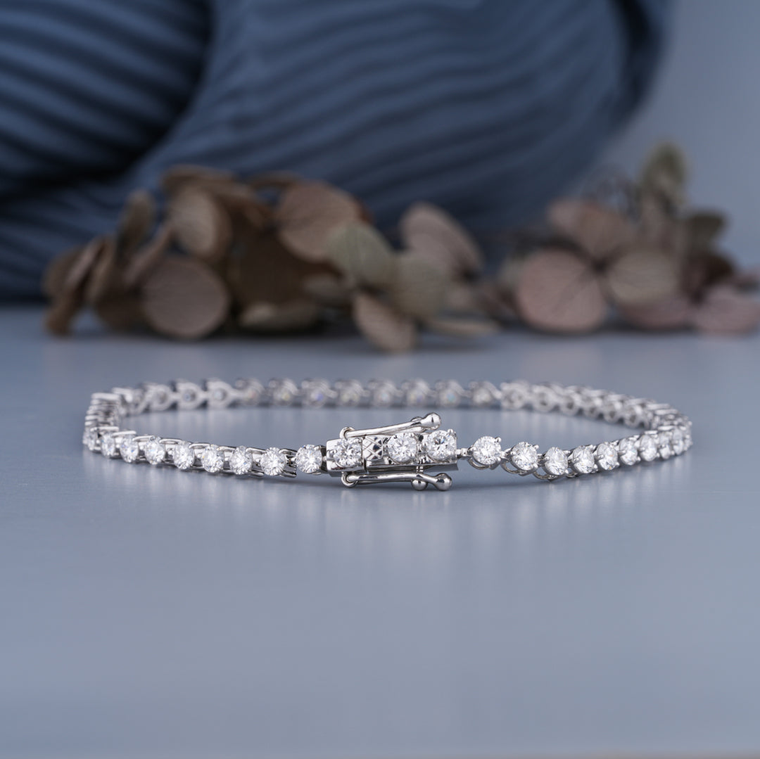 14K White Gold Round Cut Diamond Three-Prong Tennis Bracelet