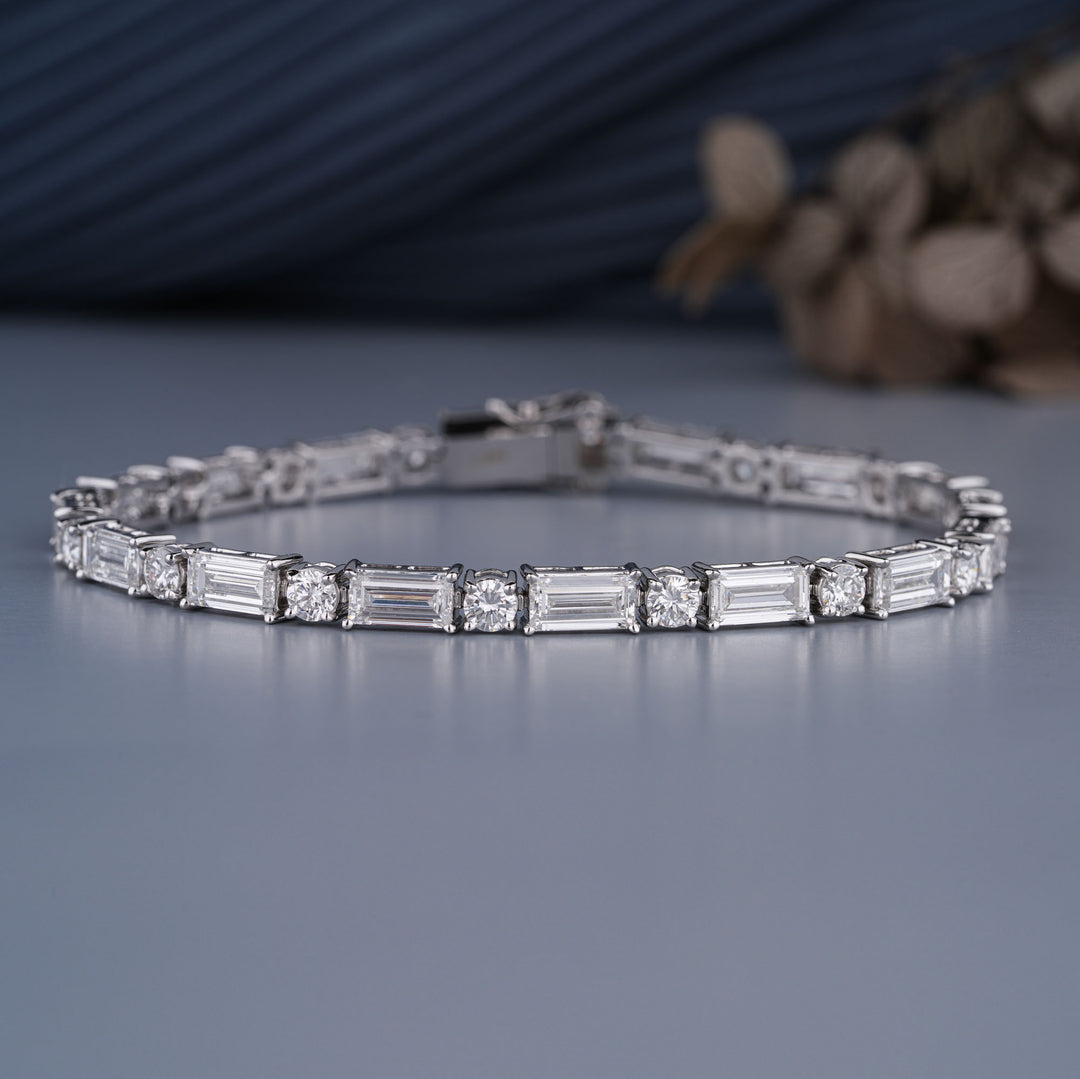 10K White Gold Baguette And Round Cut Lab Diamond Tennis Bracelet