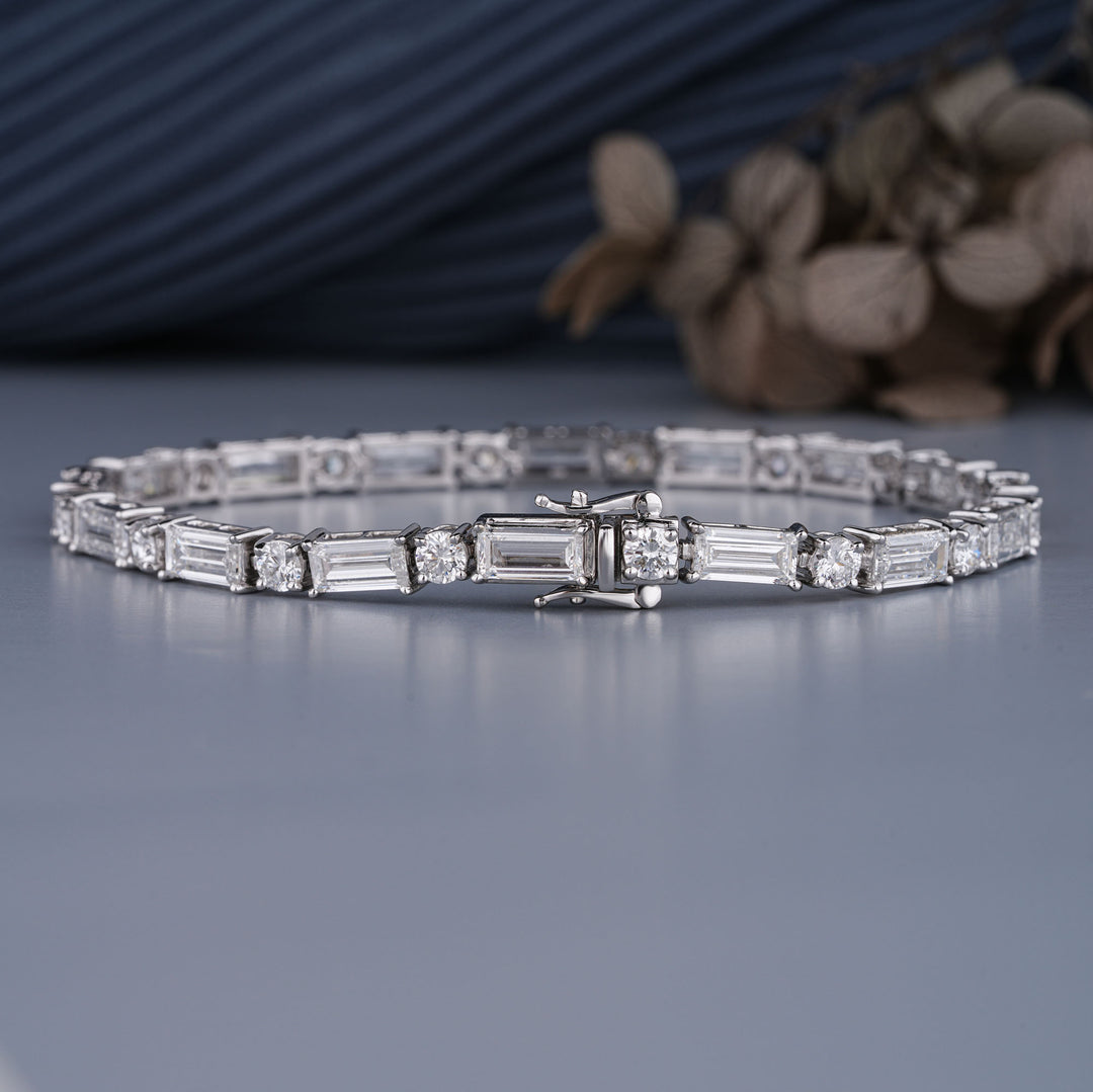 10K White Gold Baguette And Round Cut Lab Diamond Tennis Bracelet