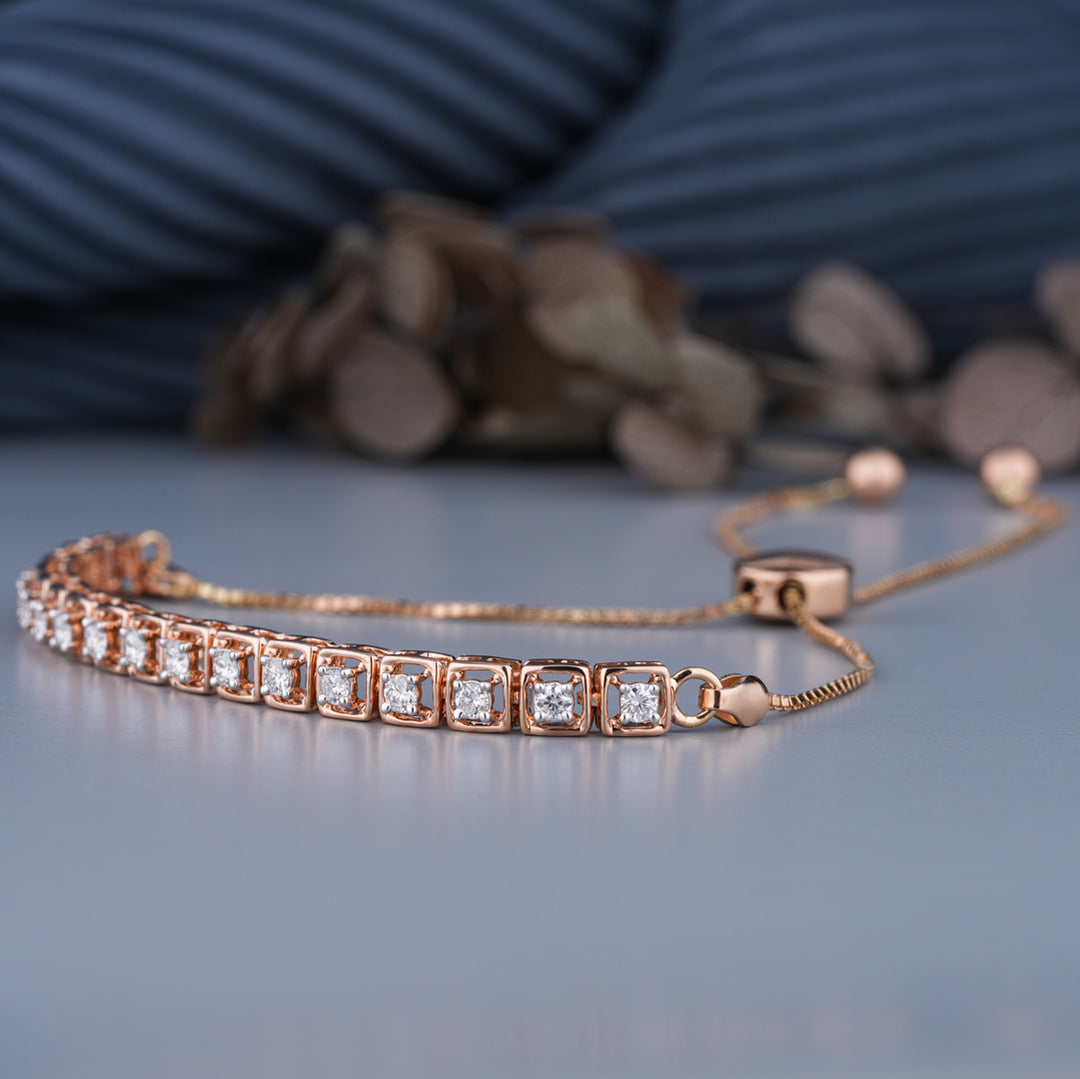 18K Rose Gold Round Cut Diamond Squared Bracelet