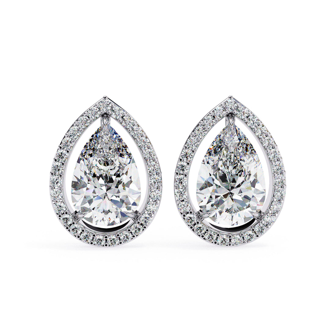 14K Gold Pear And Round Cut Diamond Halo Earrings