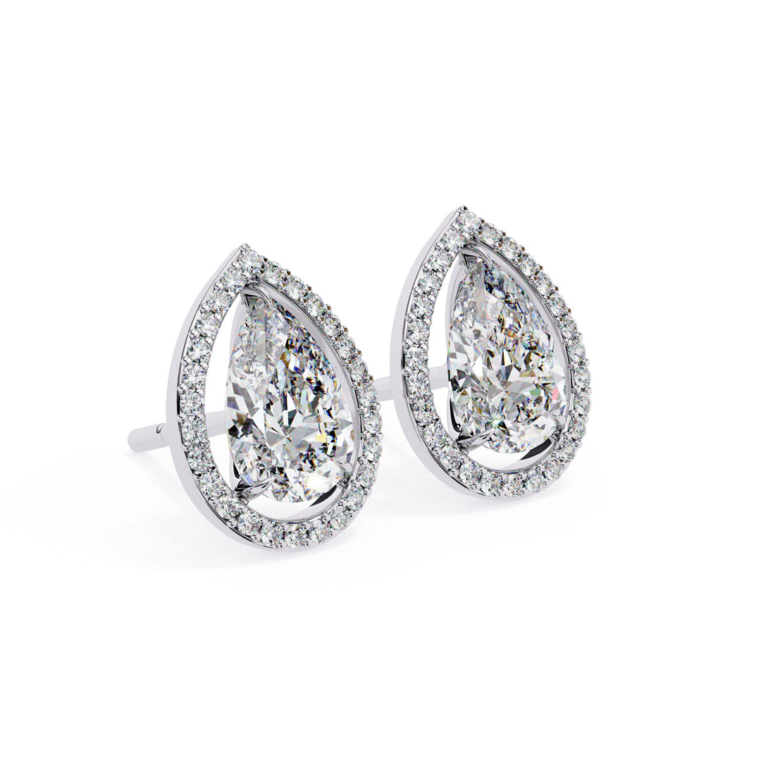 18K Gold Pear And Round Cut Diamond Halo Earrings