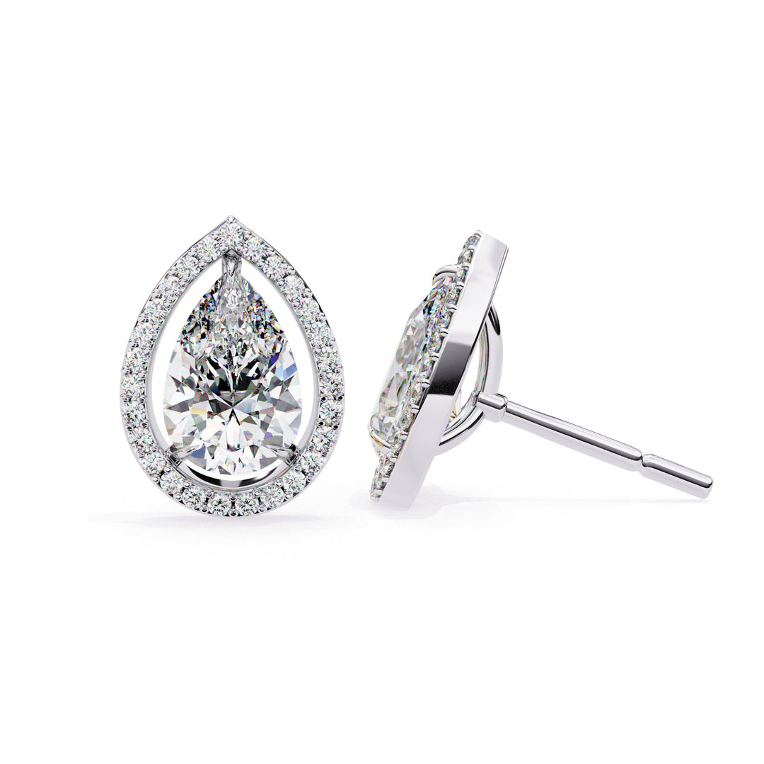 10K Gold Pear And Round Cut Diamond Halo Earrings