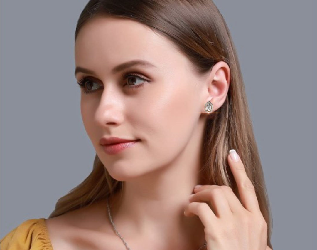 10K Gold Pear And Round Cut Diamond Halo Earrings