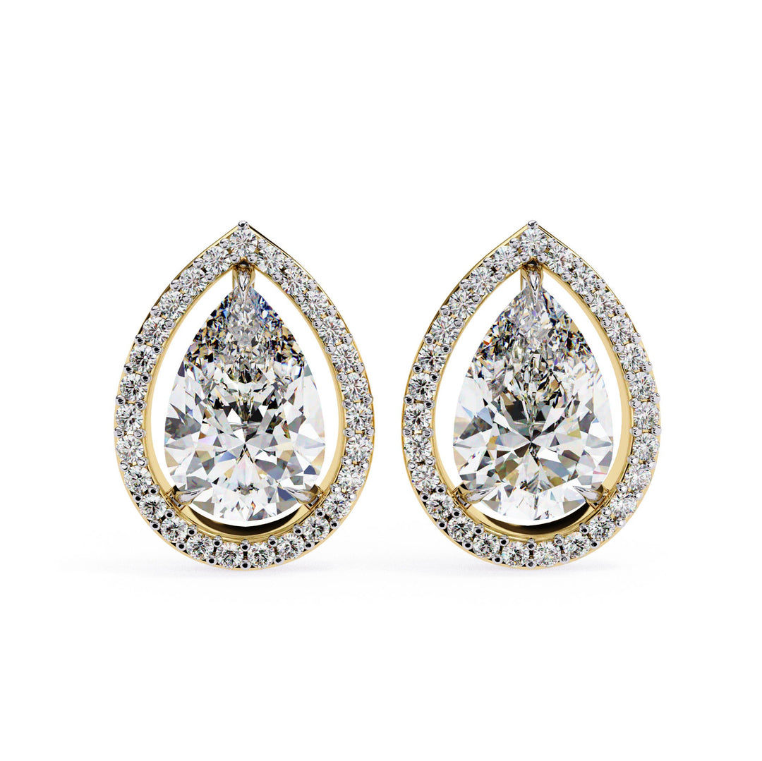 10K Gold Pear And Round Cut Diamond Halo Earrings